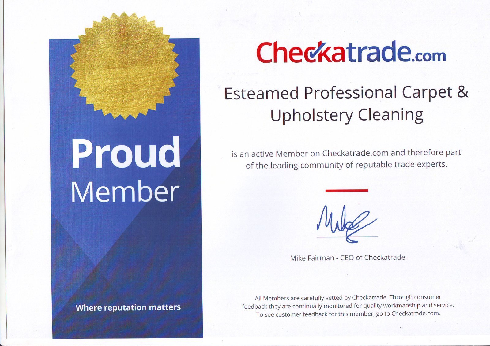 Checkatrade Certificate - Esteamed Professional Carpet & Upholstery Cleaning