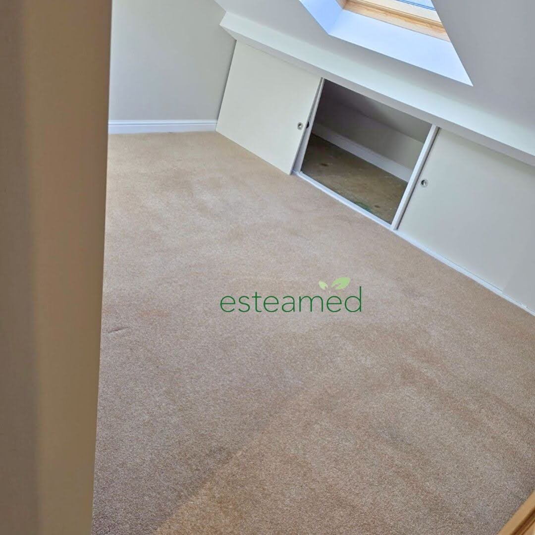 End of tenancy cleaned attic room with fresh carpet — every room covered including loft spaces