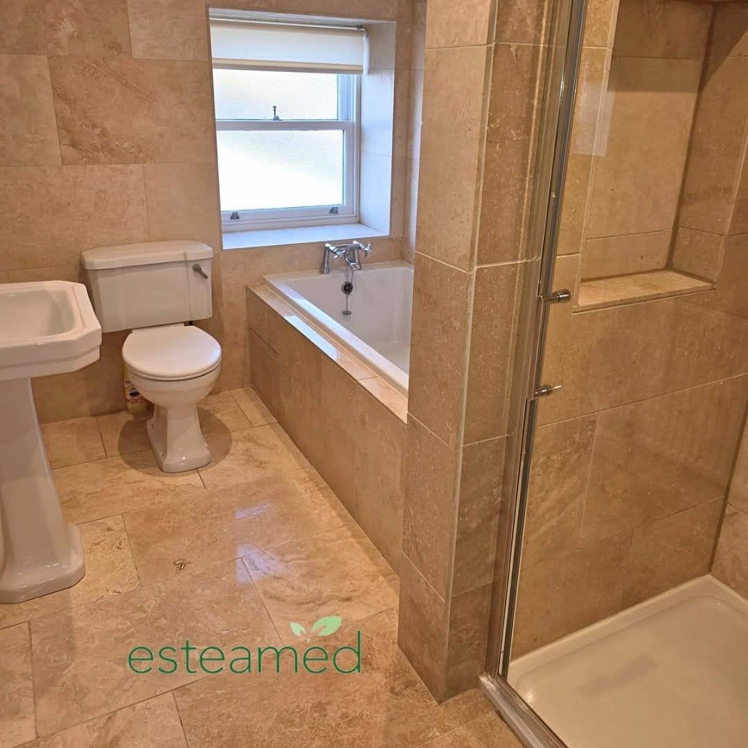 End of tenancy bathroom sanitisation — gleaming tiles, descaled taps and spotless floors