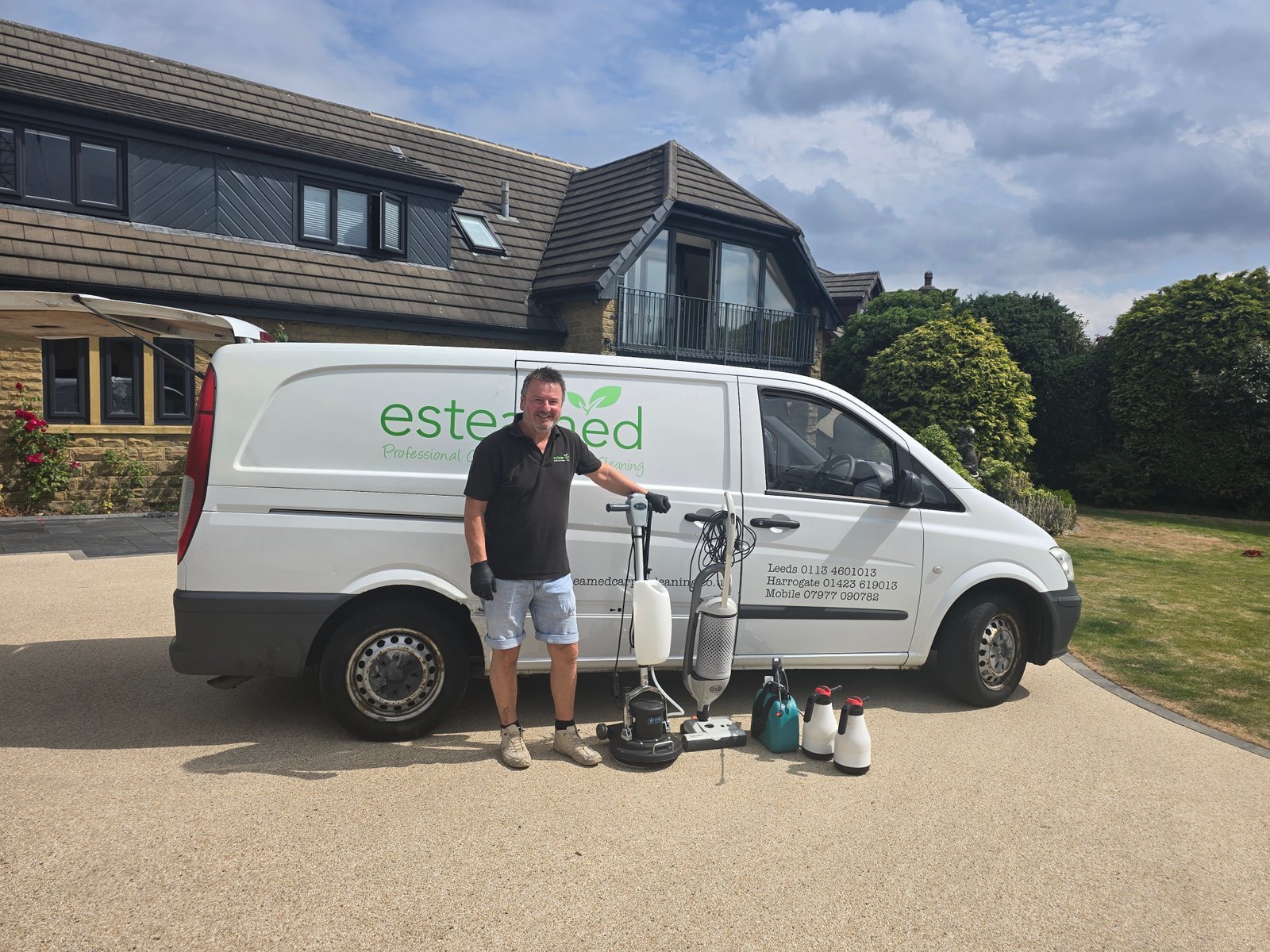 Sean Goodridge, owner of Esteamed Professional Carpet Cleaning, with our branded van and specialist equipment at a job in Roundhay, Leeds LS8