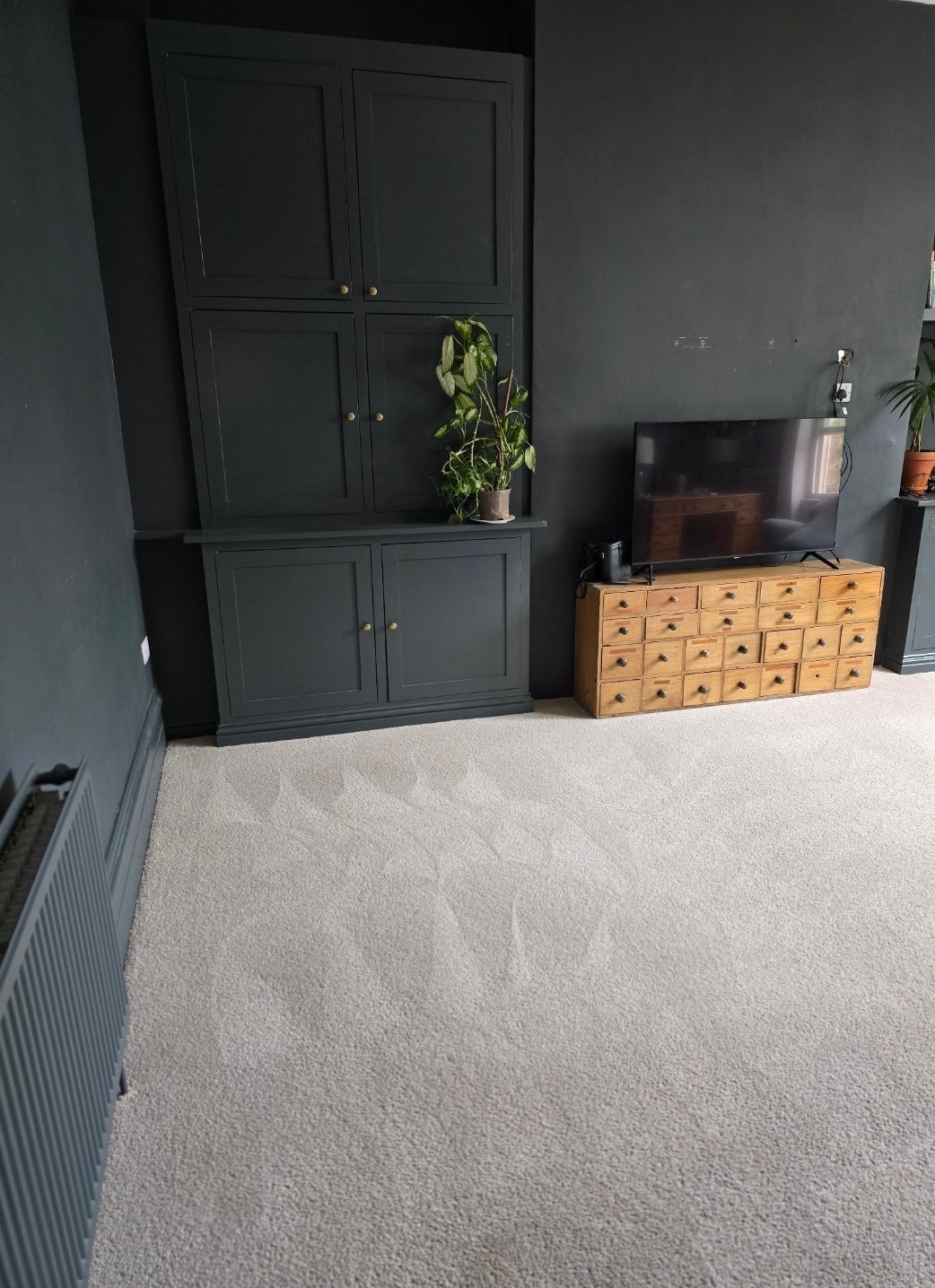 Light grey carpet in a stylish dark-painted living room after cleaning in Ilkley
