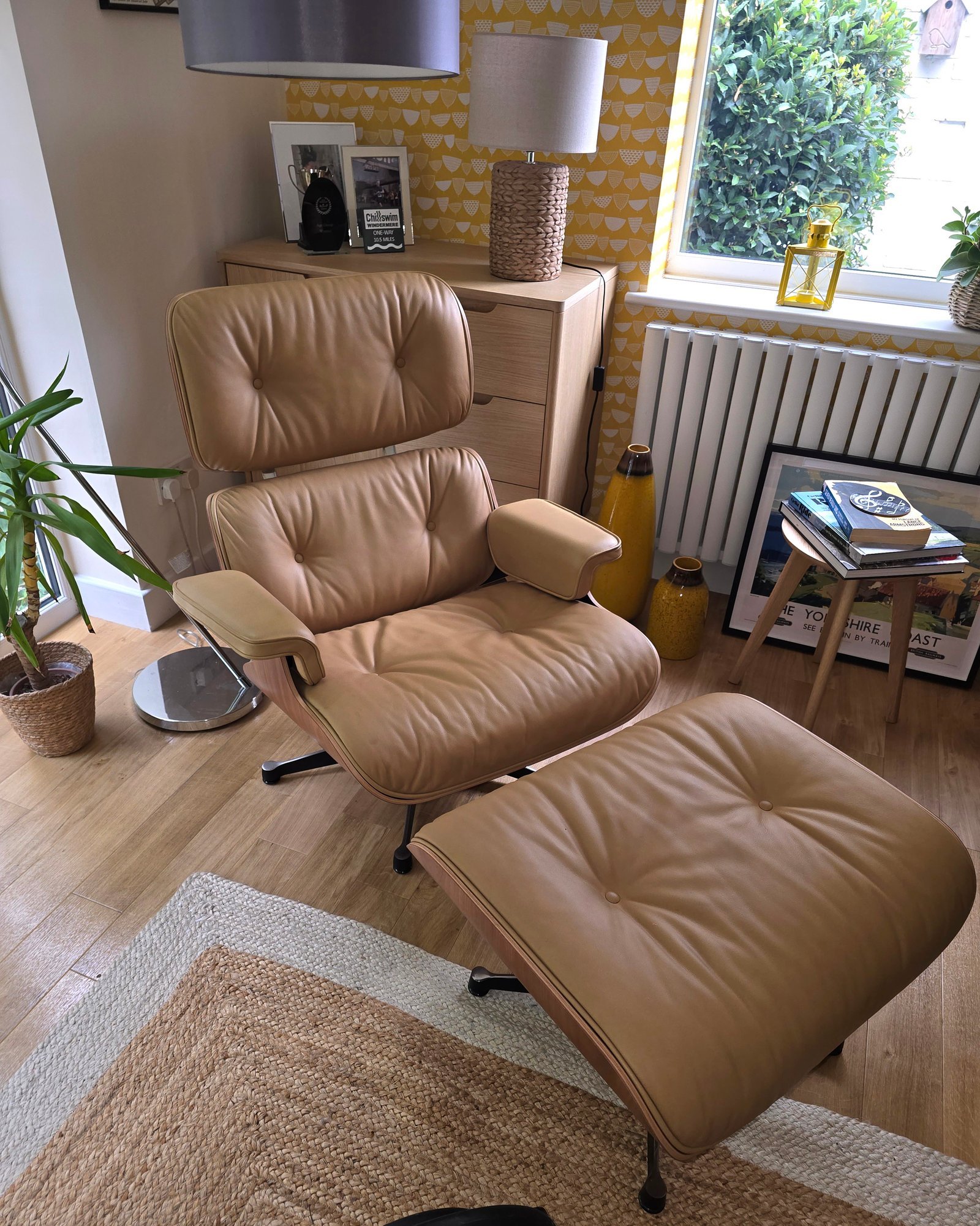 Restored tan leather chair and footstool after professional leather cleaning
