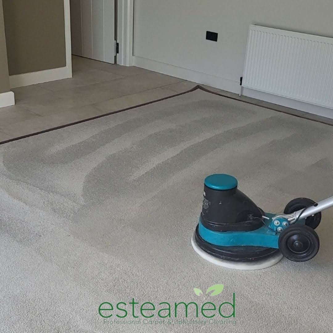 Professional rug cleaning machine in action on a large area rug